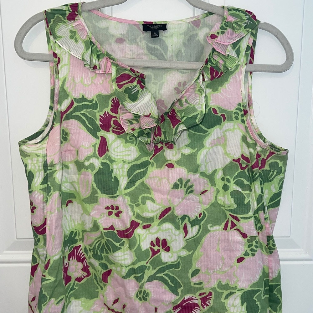 Pink and green women’s Talbots sleeveless top floral with ruffles